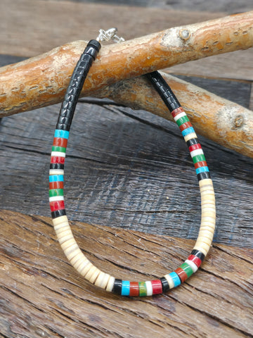 Turquoise, Spiny Oyster, and Sterling Silver Bead Bracelet - 6 1/2 in.