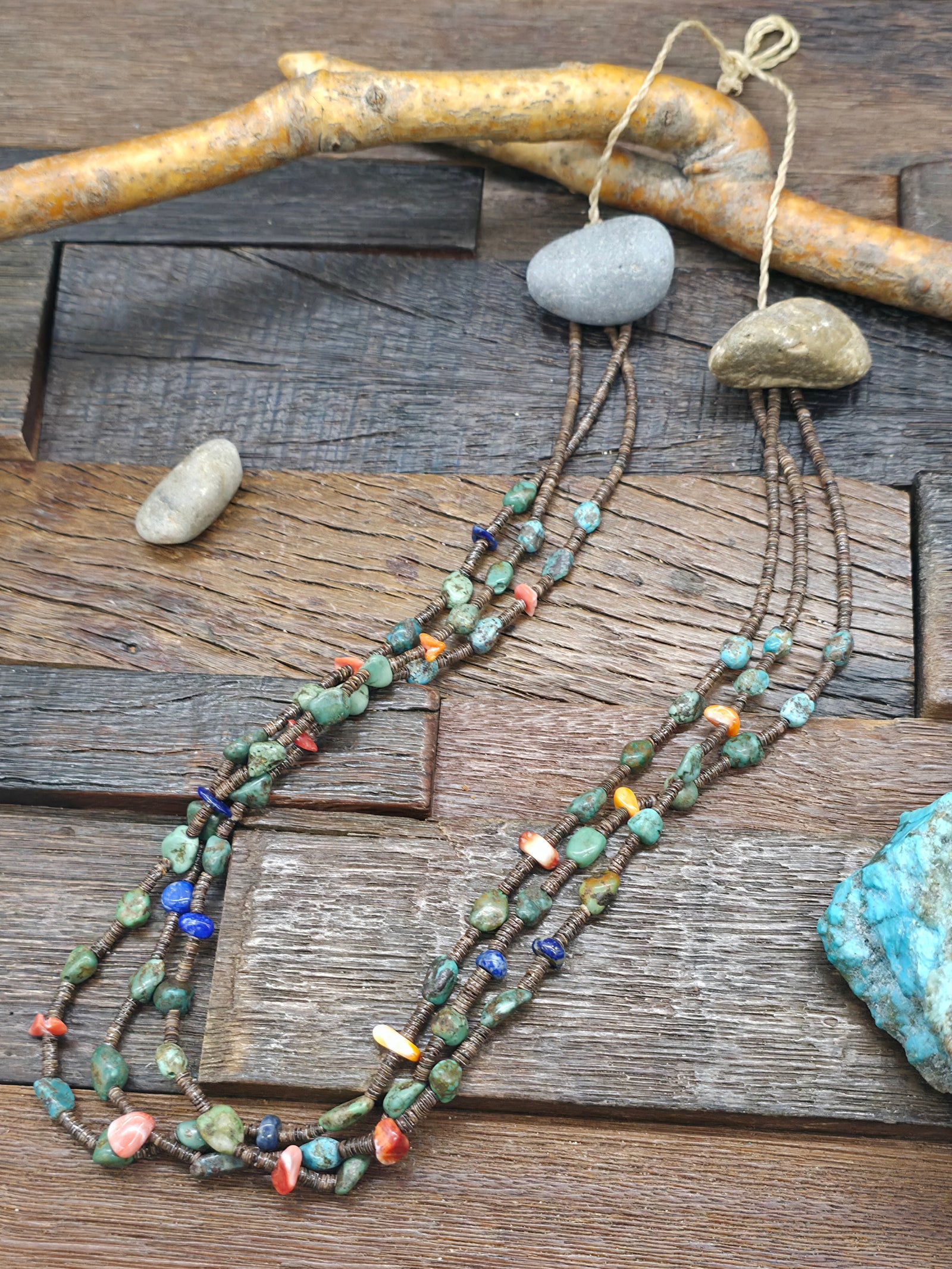Three Strand Heishi Necklace with Lapis, Turquoise, and Spiny Nuggets by Robert Coriz - 26 in.