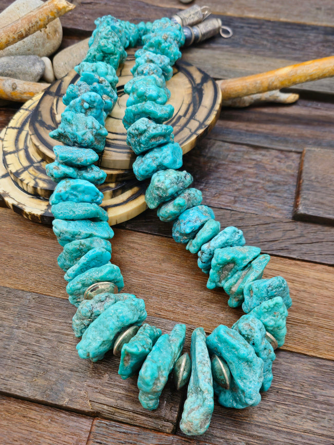 Extra Large Turquoise Nugget Necklace with Sterling Silver by Fred Archuleta - 30 in.