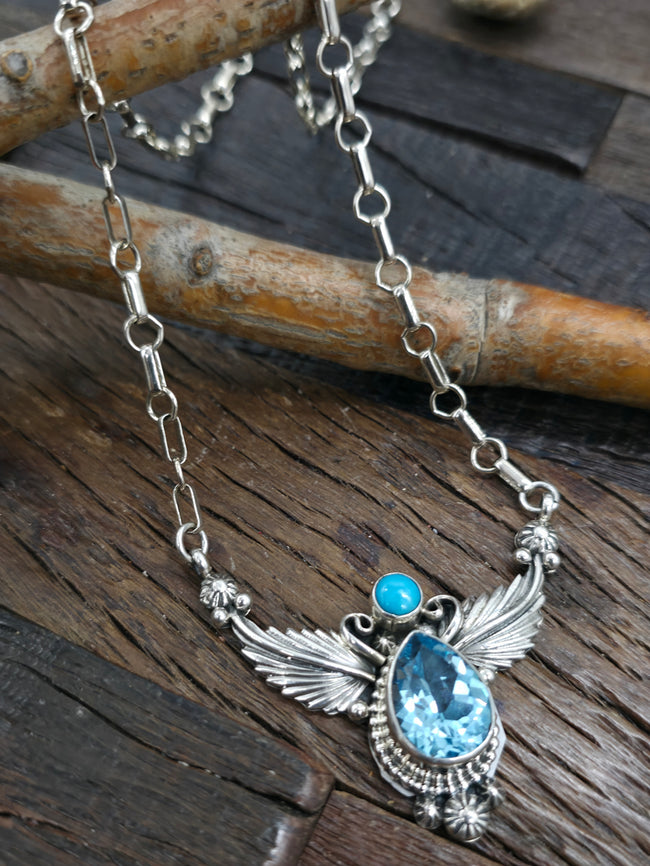 Sterling Silver Blue Topaz and Turquoise Necklace by Mark Yazzie - 20 in.