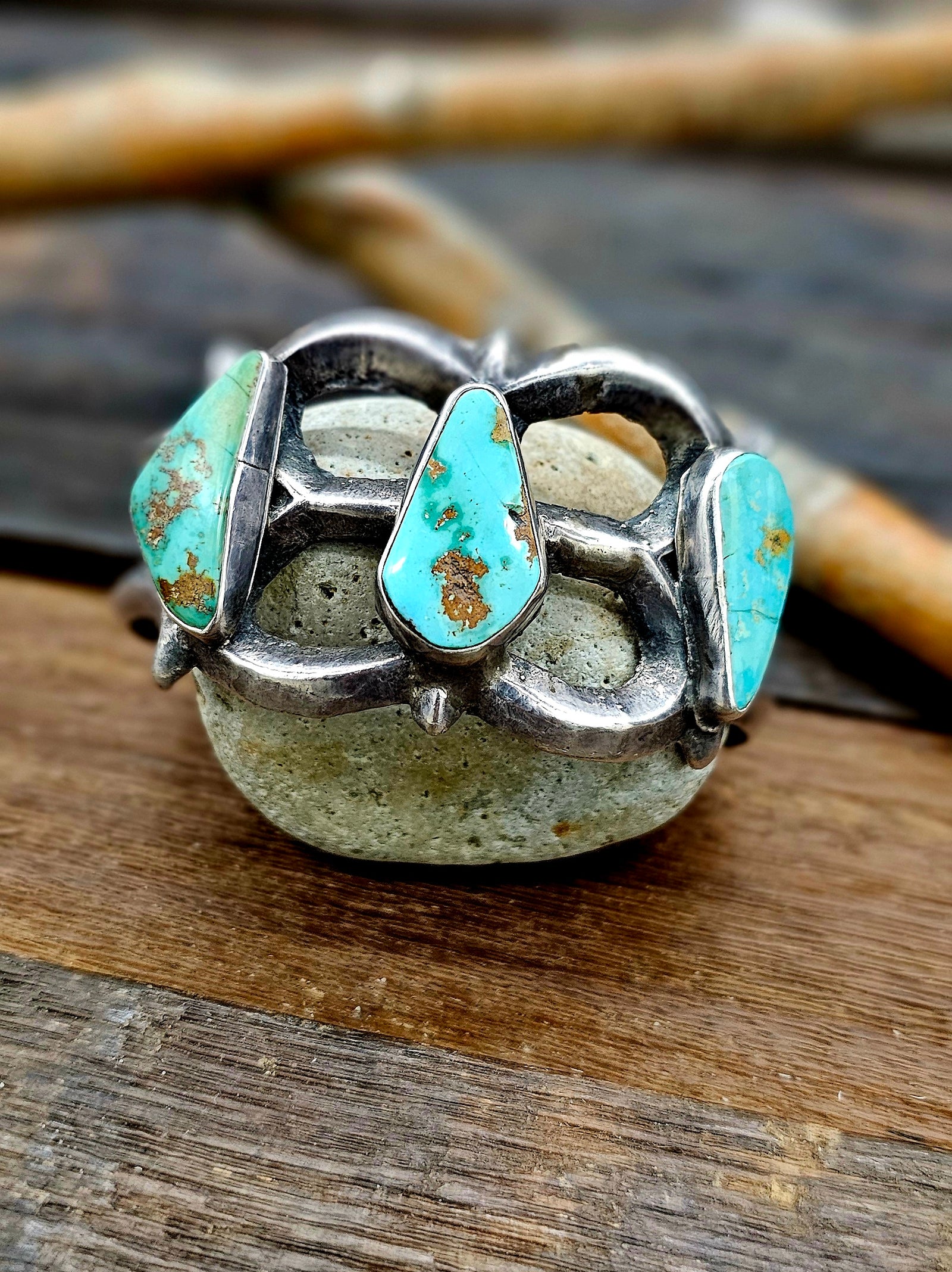 Vintage/Estate Three Stone Turquoise Sandcast Sterling Silver Cuff - 6 1/2 in.