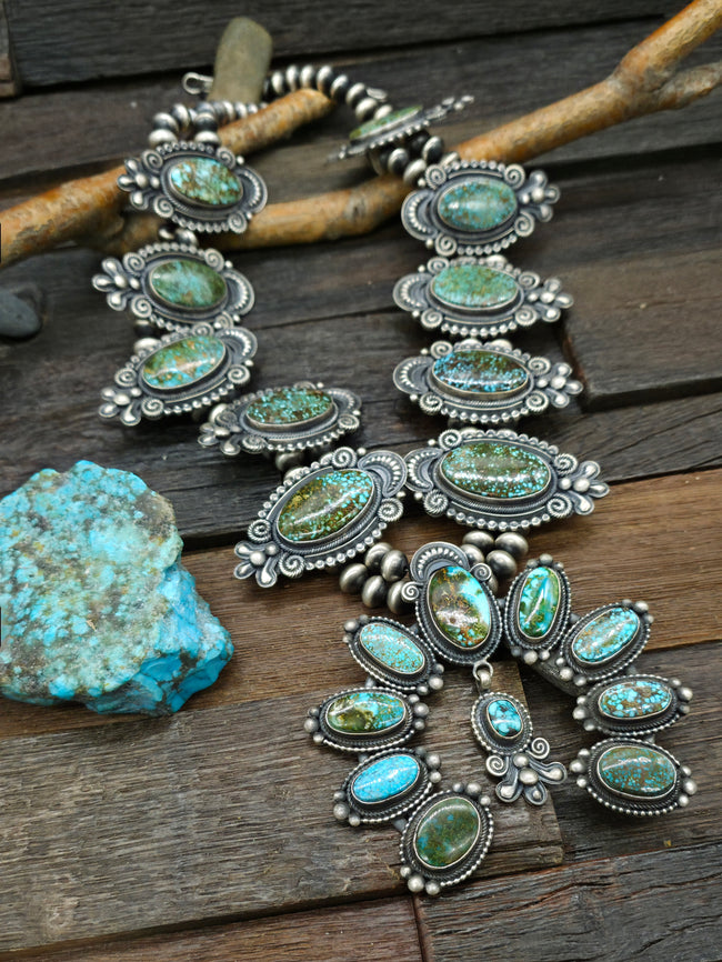 Stamped Sterling Silver and Ceremonial Kingman Turquoise Squash Blossom Necklace by Leon Martinez - 26 in.