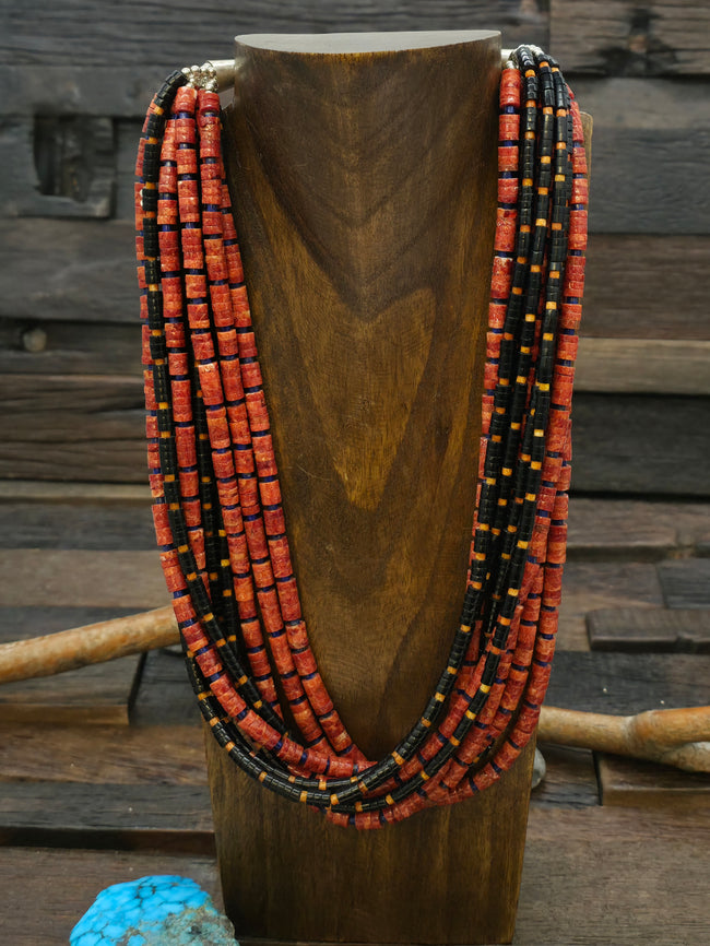 10 Strand Jet, Apple Coral, and Lapis Heishi Necklace by Fred Archuleta -  22 in. w/4 in. Extender
