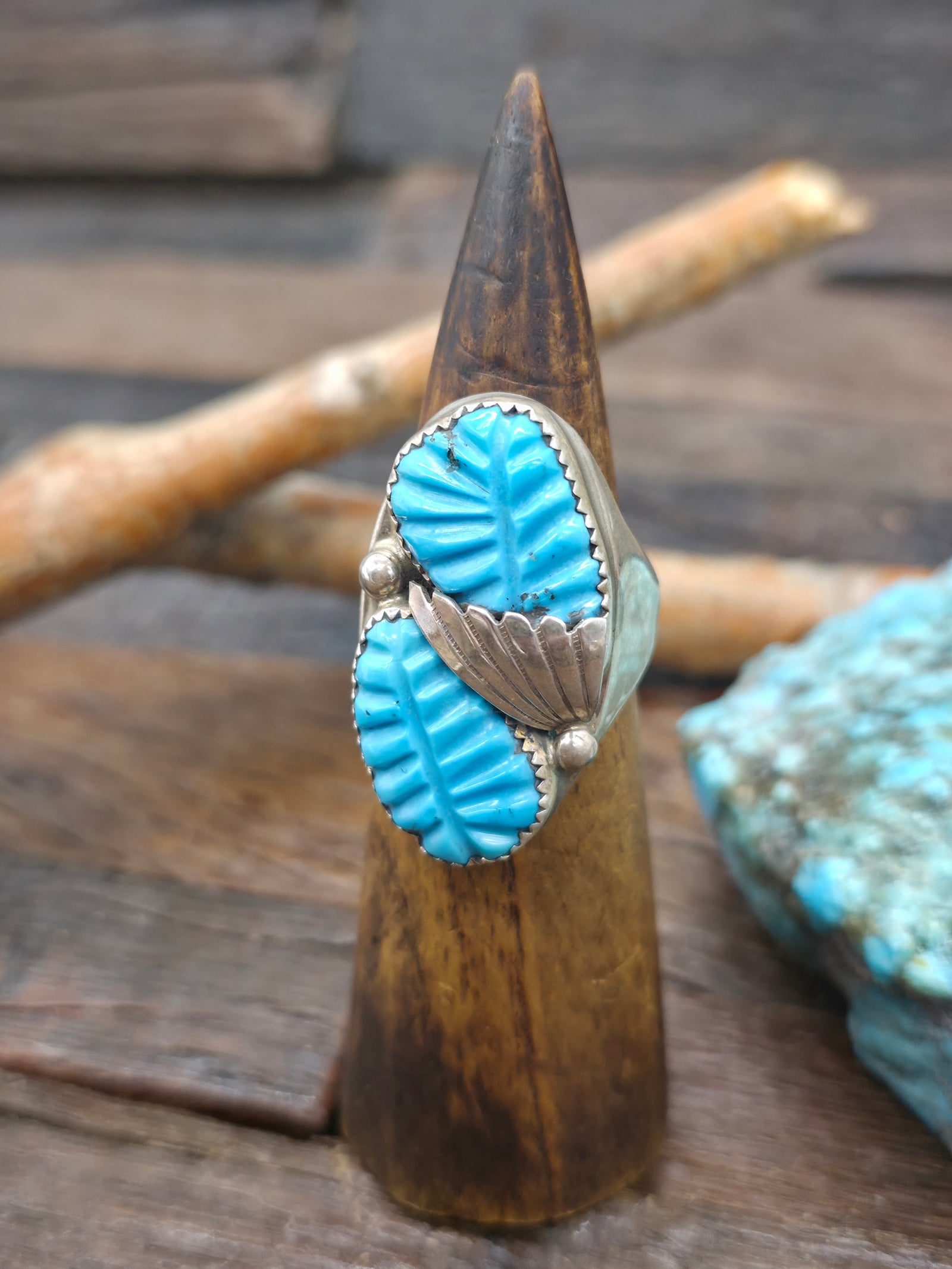 Two Stone Sterling Silver Carved Turquoise Ring by Lyolita Tsatte - Size 11 1/2