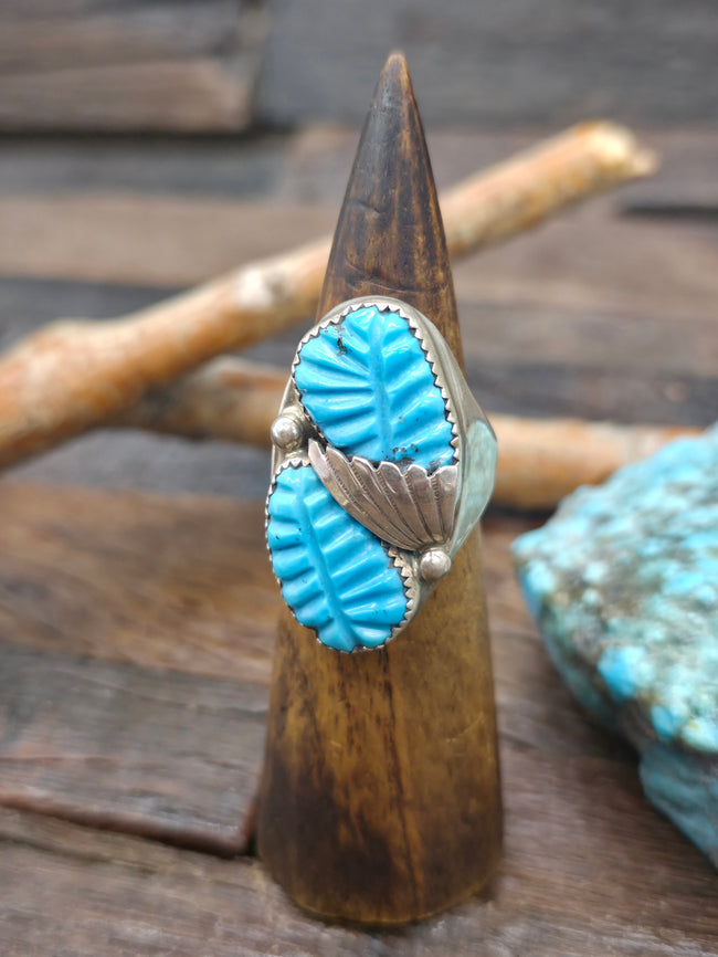 Two Stone Sterling Silver Carved Turquoise Ring by Lyolita Tsatte - Size 11 1/2