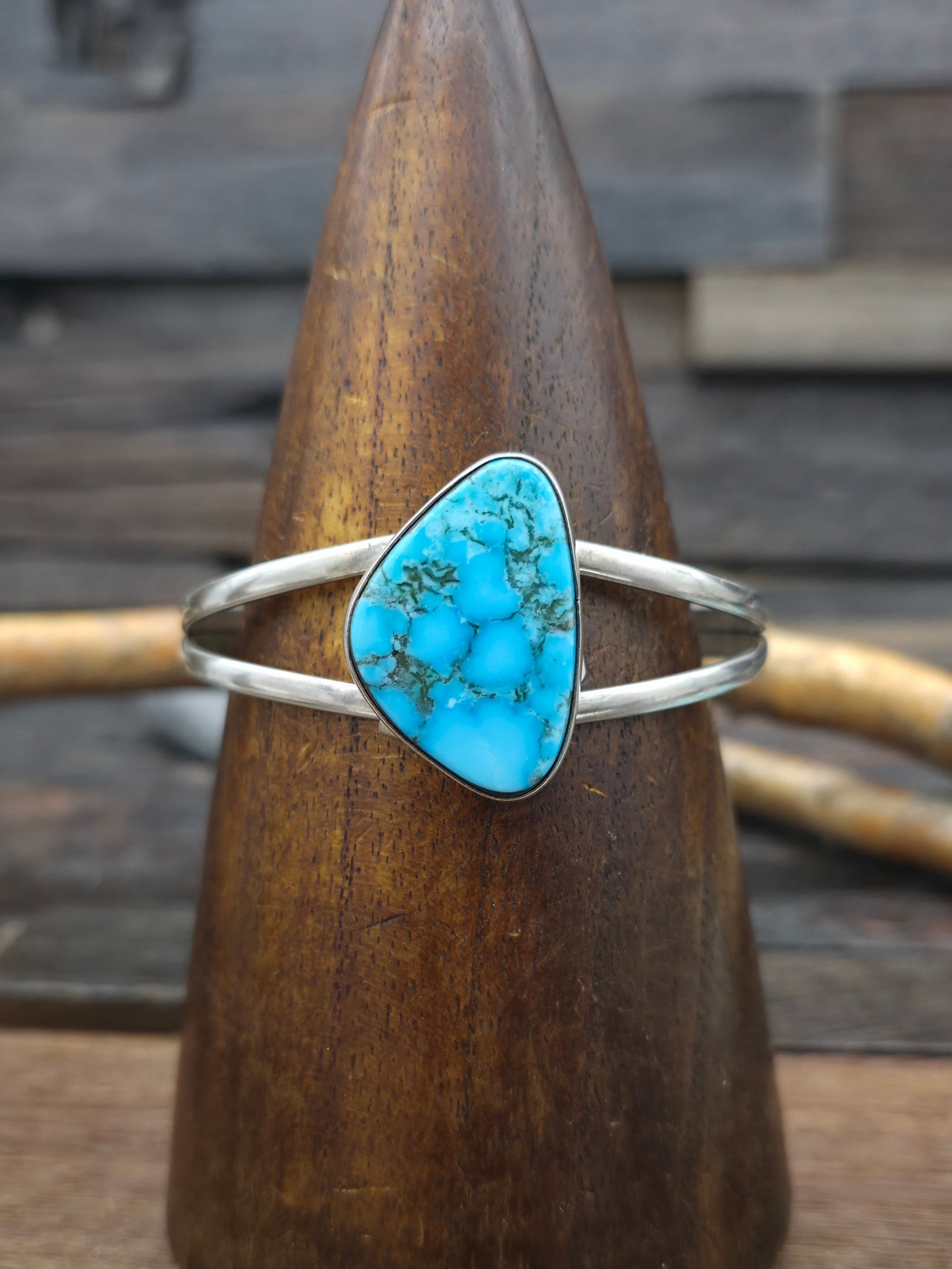 Triangle Kingman Turquoise Sterling Silver Cuff by Rosella Paxton - 6 1/2in w/gap