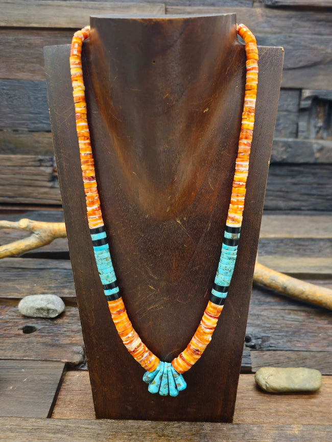 Turquoise, Jet, and Red Spiny Oyster Necklace by Lupe Lovato - 20 in