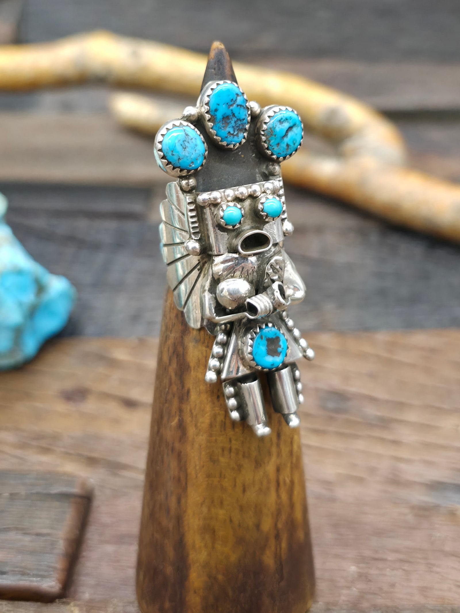 Sterling Silver Kingman Turquoise Yei Ring by Doris Smallcanyon - Size 7 1/2