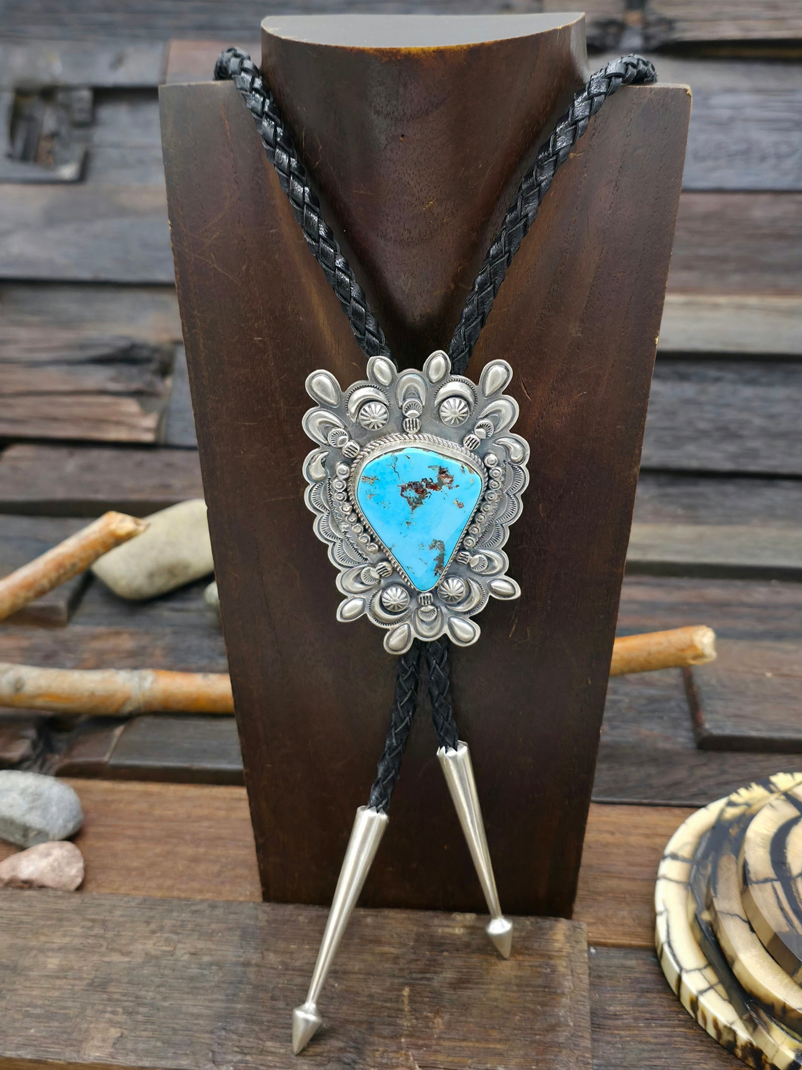 Stamped Sterling Silver and Blue Gem Turquoise Bolo Tie by Dean Sandoval