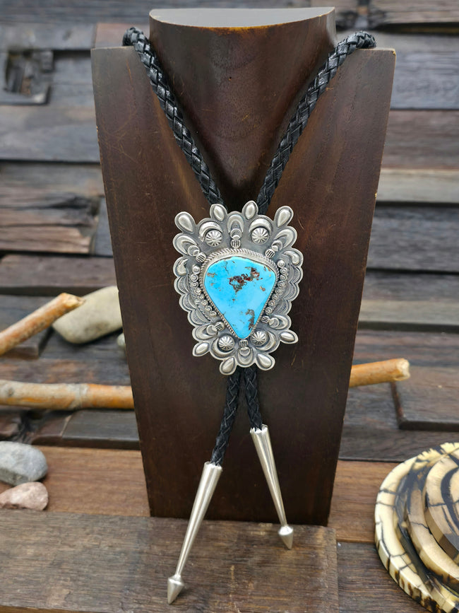 Stamped Sterling Silver and Blue Gem Turquoise Bolo Tie by Dean Sandoval