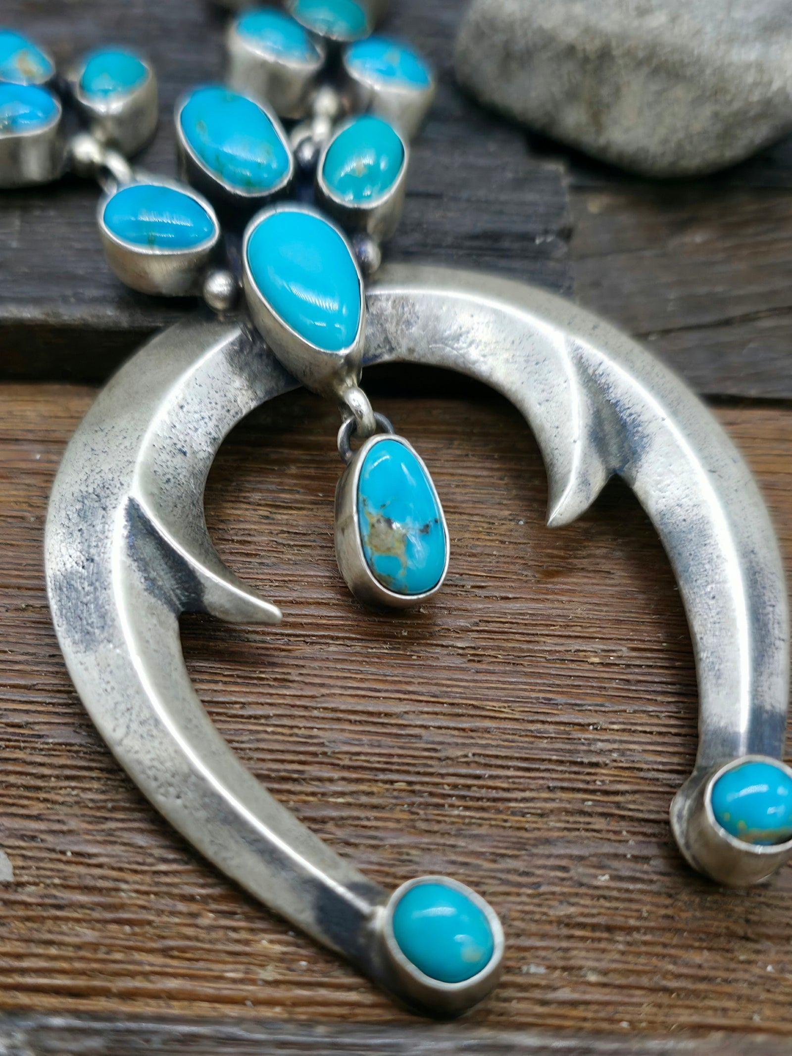 Kingman Turquoise Squash Blossom Necklace and Earring Set by Darrin Livingston - 24 in.