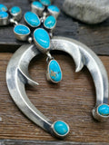 Kingman Turquoise Squash Blossom Necklace and Earring Set by Darrin Livingston - 24 in.