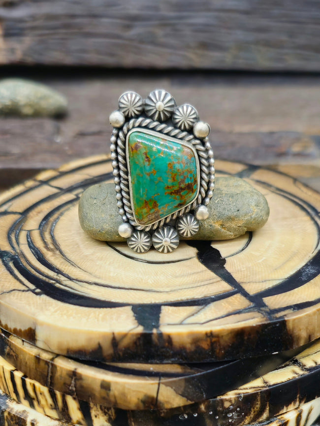 Stamped Sterling Silver and Green Turquoise Ring - Size 9