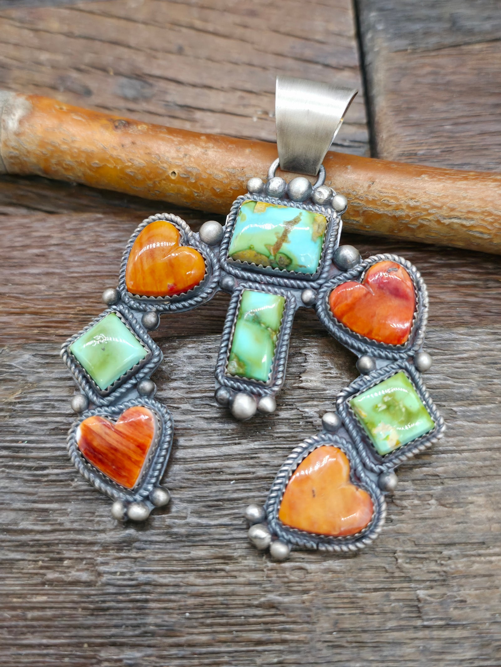 Sterling Silver Sonoran Turquoise and Spiny Oyster Heart Naja Pendant by LaRose Ganadanegro - 3 in. by 2 1/4 in.