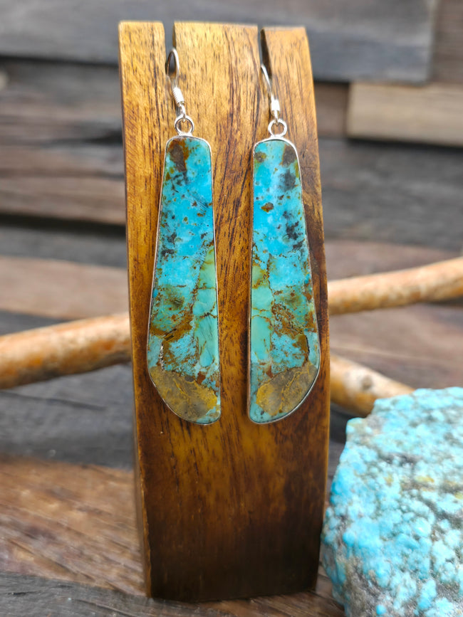 Long Turquoise Slab Earrings with Sterling Silver by Veronica Tortalita - 3 1/4 in. by 3/4 in.
