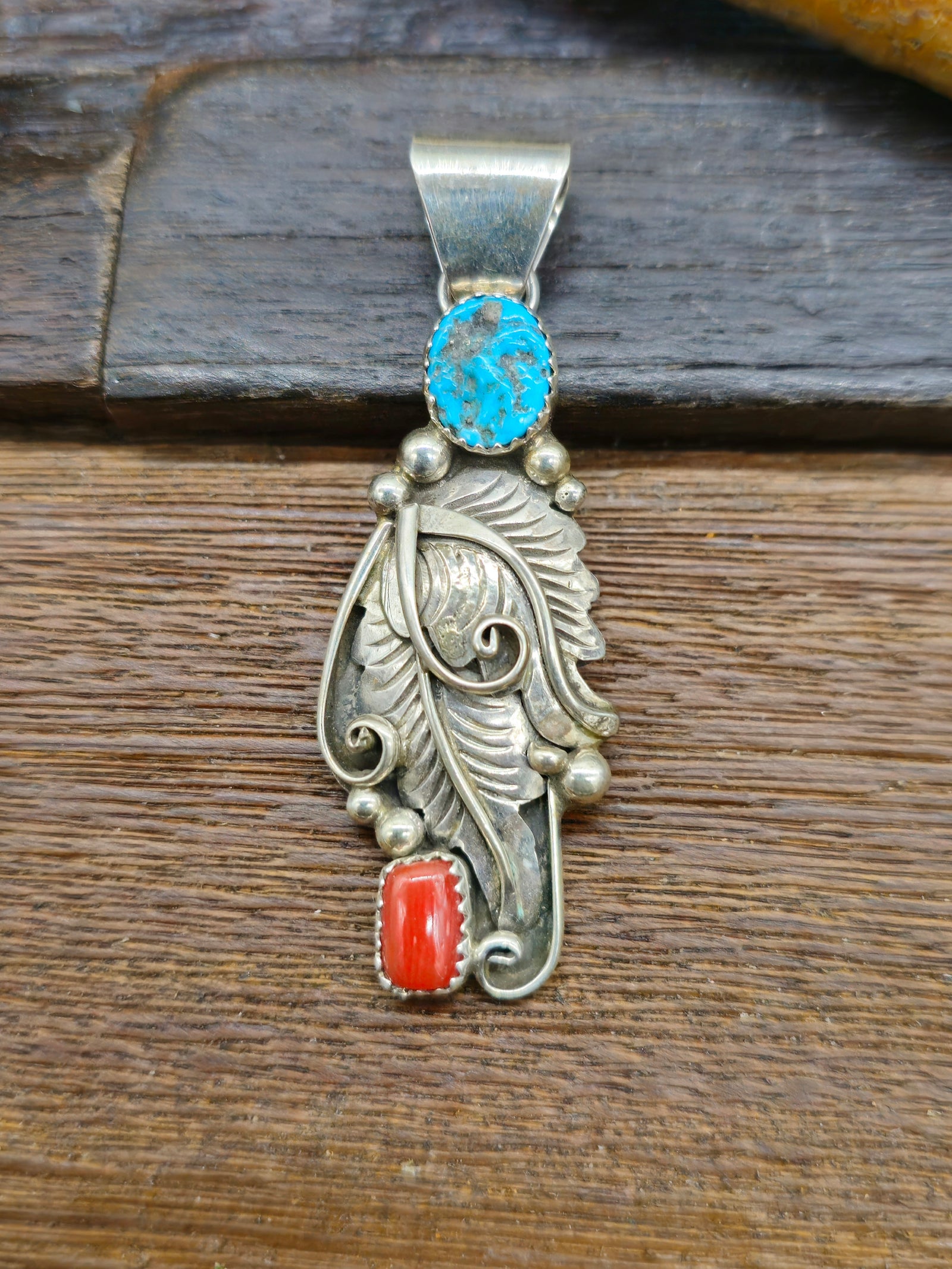 Turquoise and Coral Pendant with Sterling Silver Leaf by Julia Etsitty