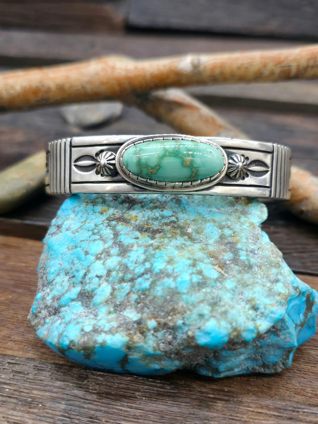 Heavyweight Stamped Sterling Silver and Green Turquoise Cuff by Albert Jake - 7 3/4 in.