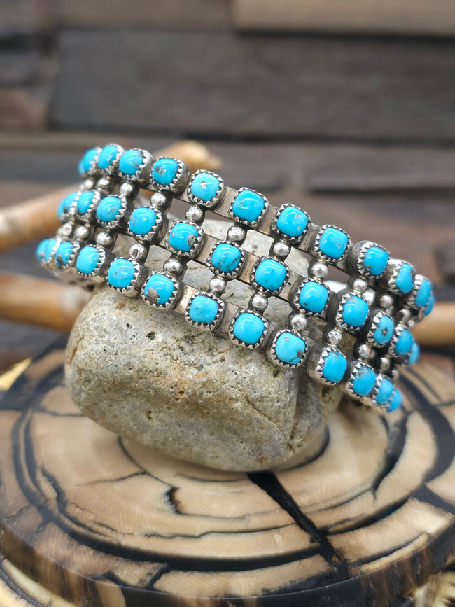 Three Row Sterling Silver Turquoise Cuff by L. Kee - 7 in. with Gap
