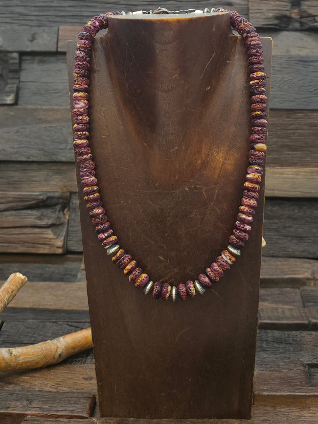 Purple Spiny Oyster and Sterling Silver Bead Necklace by Mary Salazar - 18 in. plus 2 in. Extender