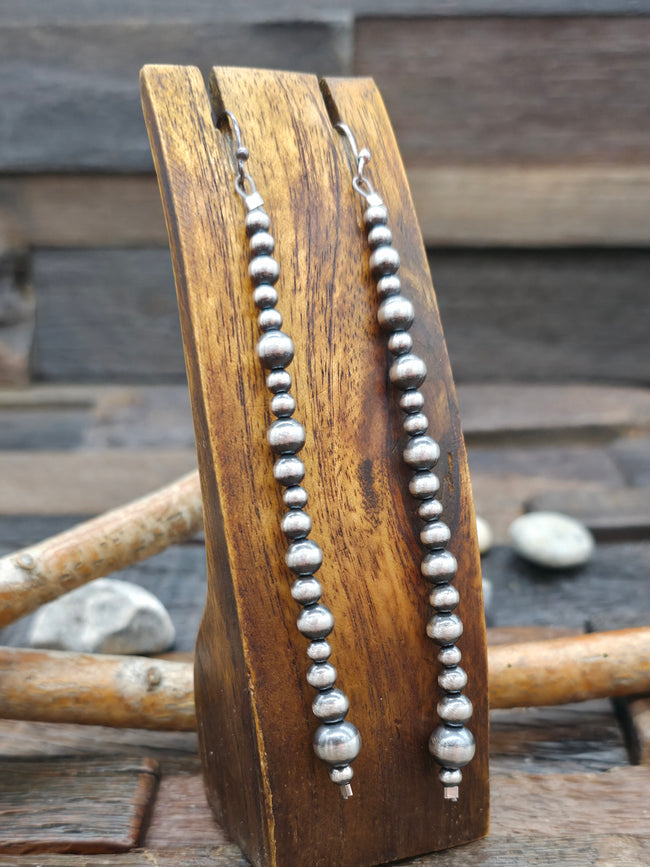 Long Oxidized Sterling Silver Bead Earrings - Single Strand