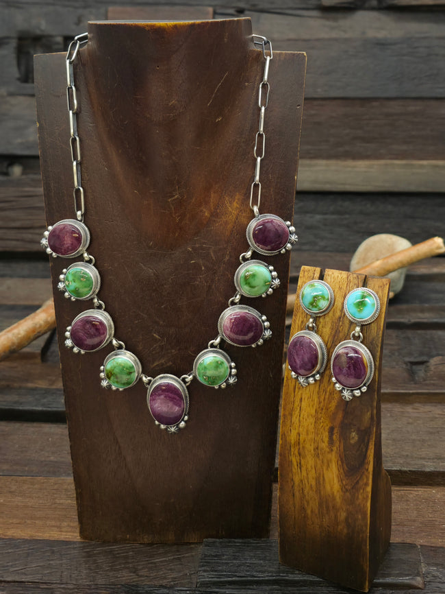Sterling Silver Sonoran Turquoise and Purple Spiny Necklace and Earring Set by Darrin Livingston - 18 in.