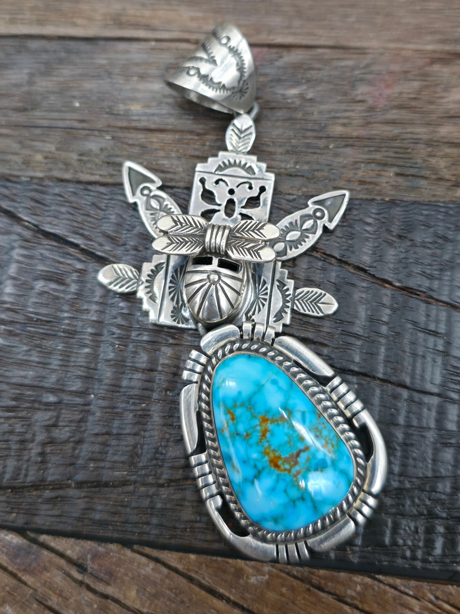 Stamped Sterling Silver Turquoise Kachina Pendant by F. Charley - 3 1/2 in. by 1 1/2 in.
