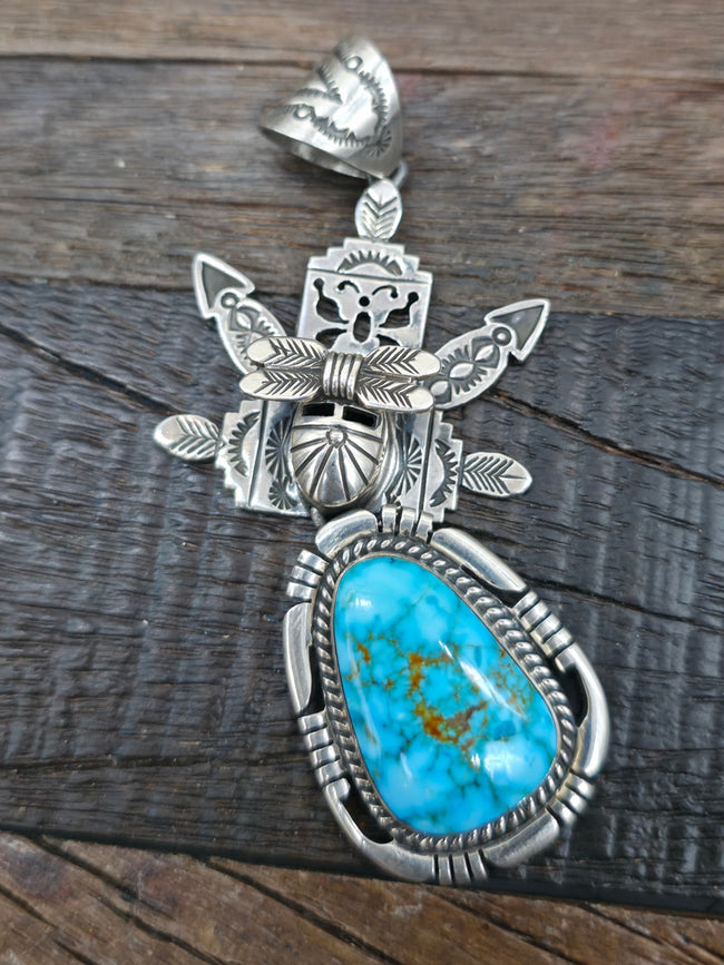 Stamped Sterling Silver Turquoise Kachina Pendant by F. Charley - 3 1/2 in. by 1 1/2 in.