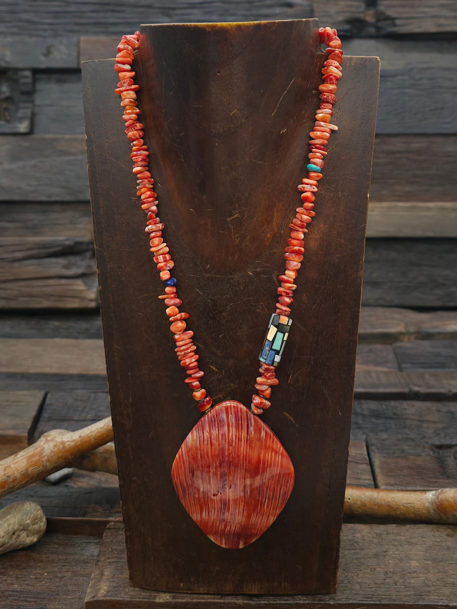Reversible Turquoise, Spiny Oyster, Mother of Pearl, and Lapis Pendant Necklace by Charlene Reano - 18 in.