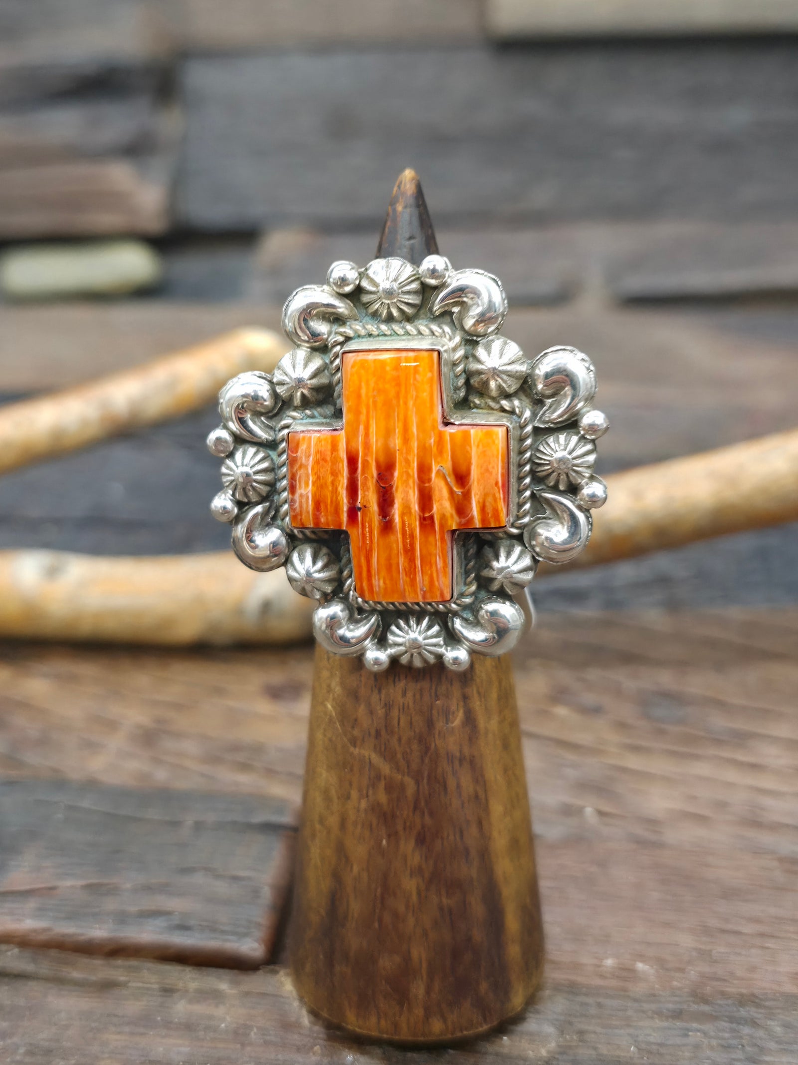 Repousse Stamped Sterling Orange Spiny Oyster Santa Fe Cross Ring by Richard Jim - Adjustable