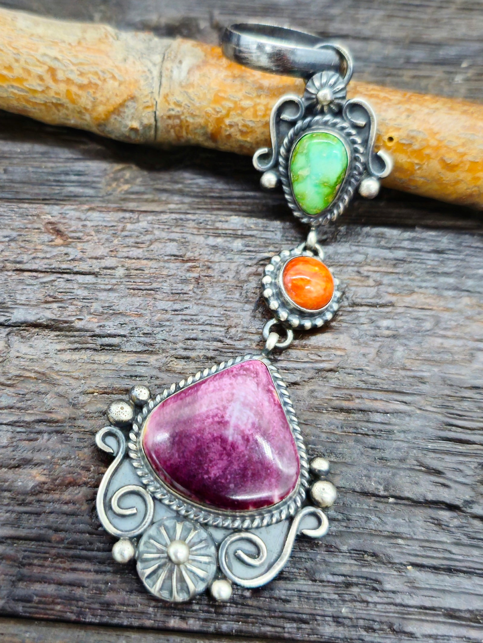 Oxidized Sterling Silver, Turquoise, and Orange and Purple Spiny Oyster Pendant by E.M. Linkin - 4 in