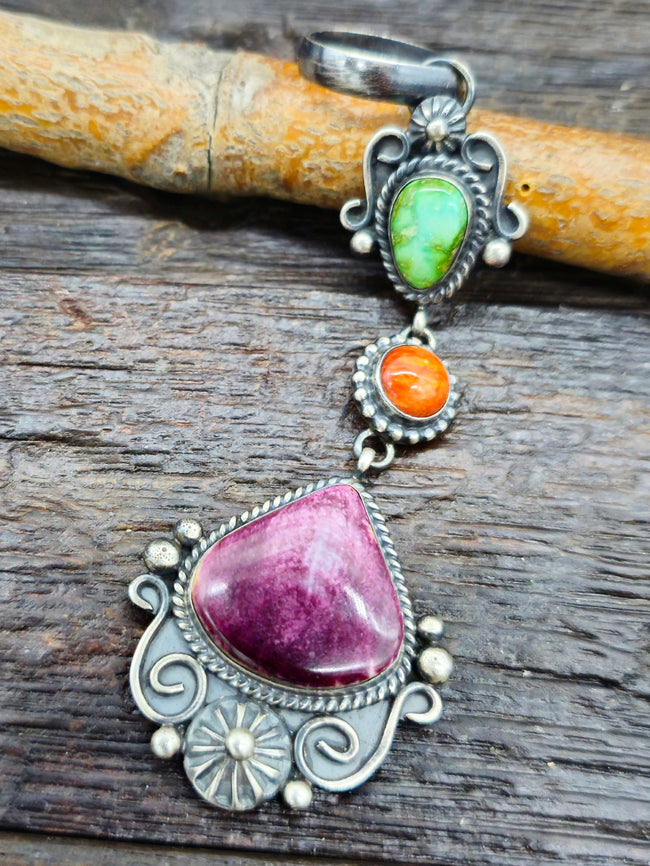 Oxidized Sterling Silver, Turquoise, and Orange and Purple Spiny Oyster Pendant by E.M. Linkin - 4 in