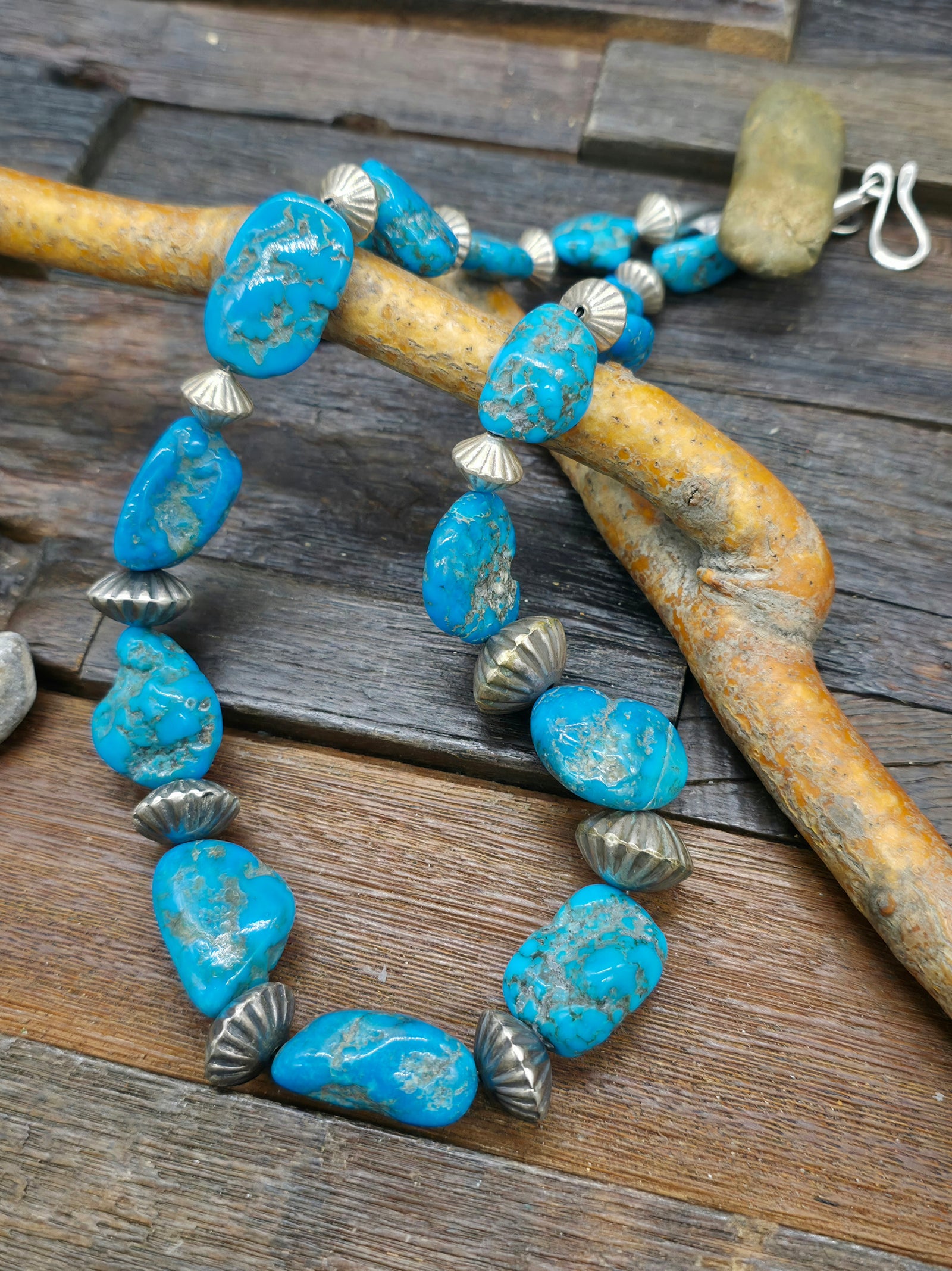 Kingman Turquoise Nugget Necklace with Fluted Sterling Silver Beads - 20 in.