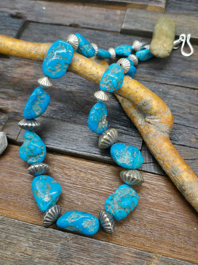 Kingman Turquoise Nugget Necklace with Fluted Sterling Silver Beads - 20 in.