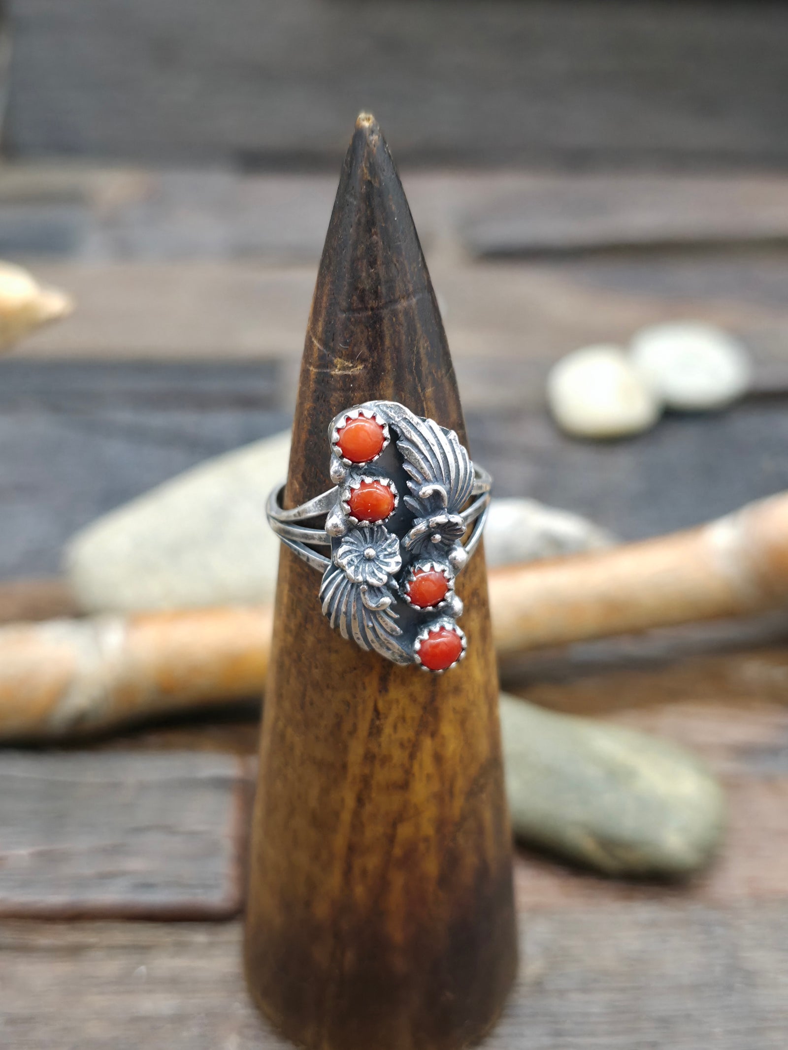 Sterling Silver Flower and Leaf Applique Ring with Coral by Judy Largo - Size 9