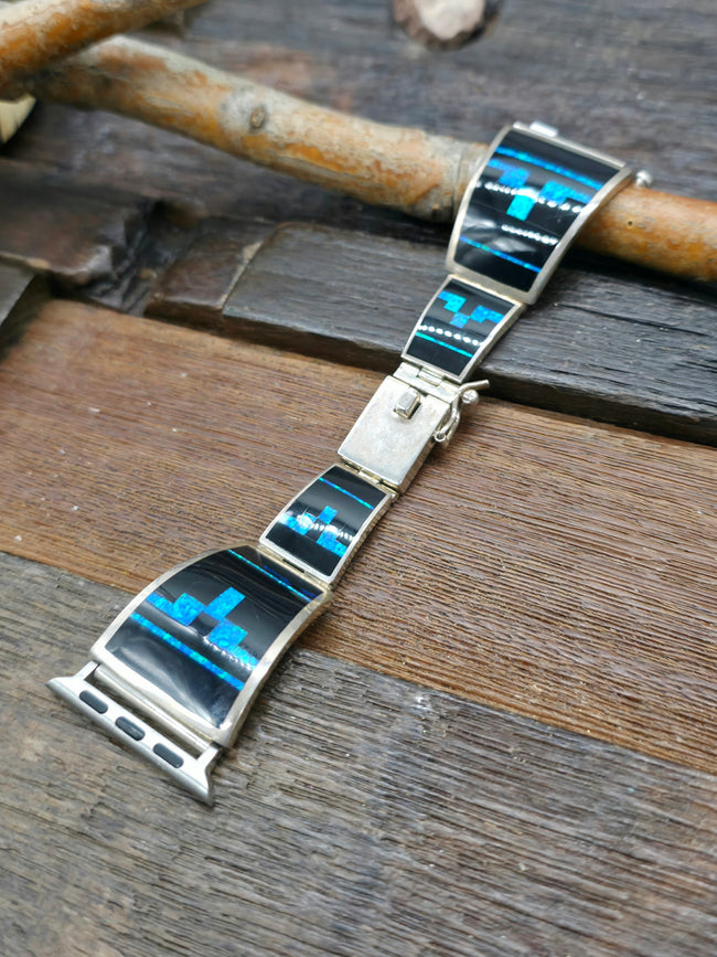 Sterling Silver Onyx and Lab Opal Inlay Apple Watch Band - 5 in.