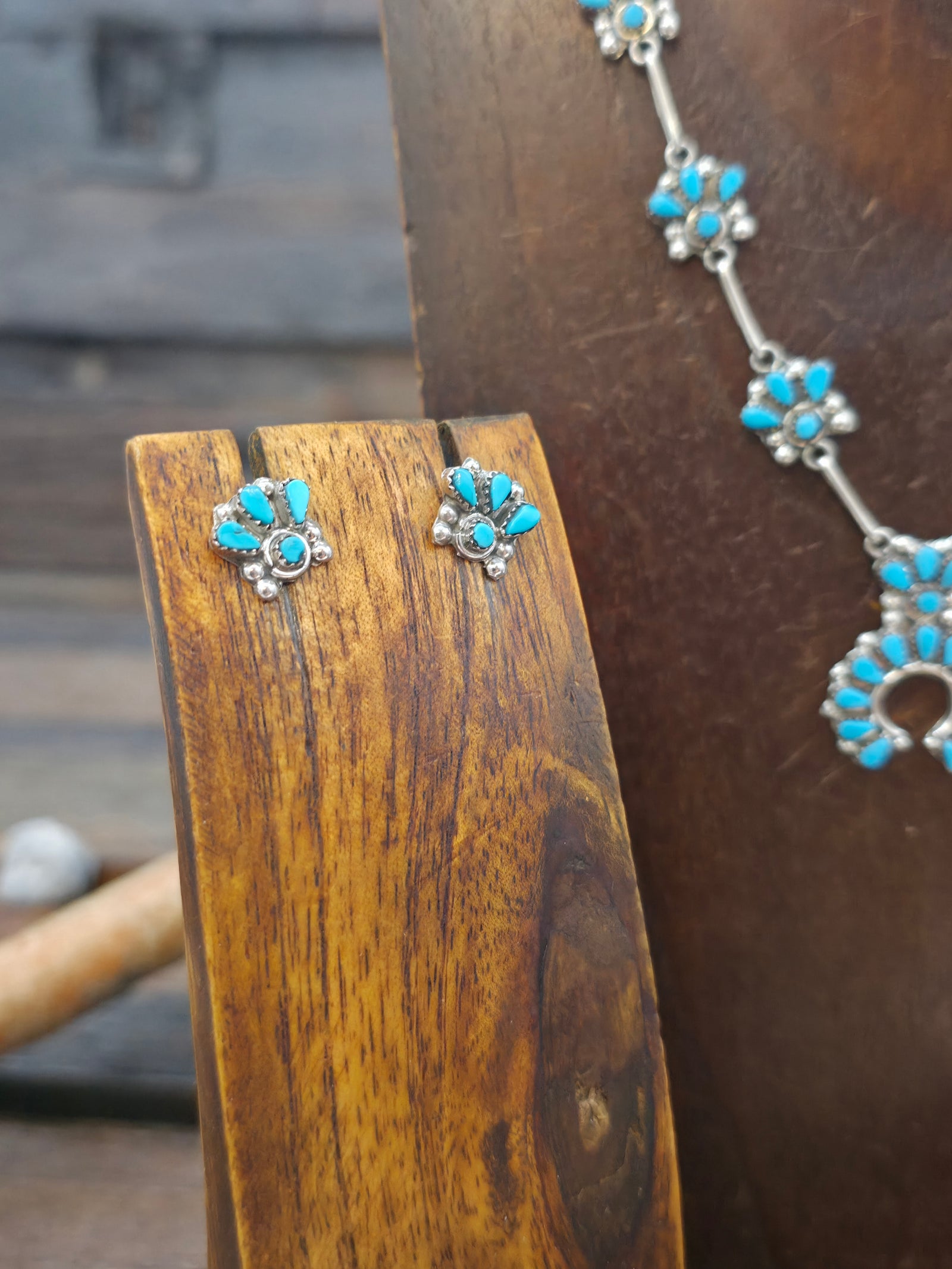 Sterling Silver and Turquoise Zuni Squash Blossom Necklace and Earring Set - 19 in.