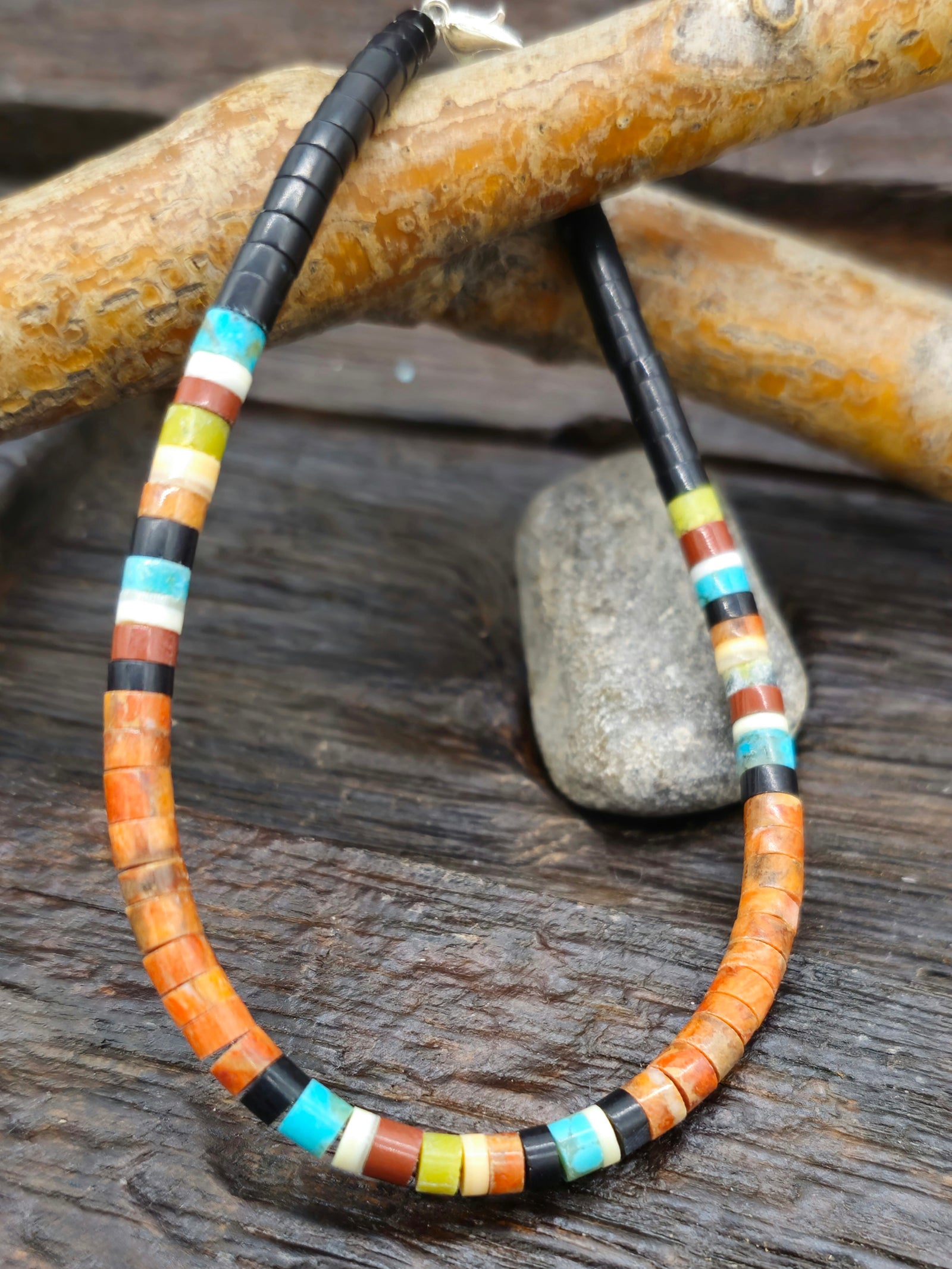 Santo Domingo Jet and Orange Sponge Coral Bracelet by Dorene Calabaza 7.5 in.