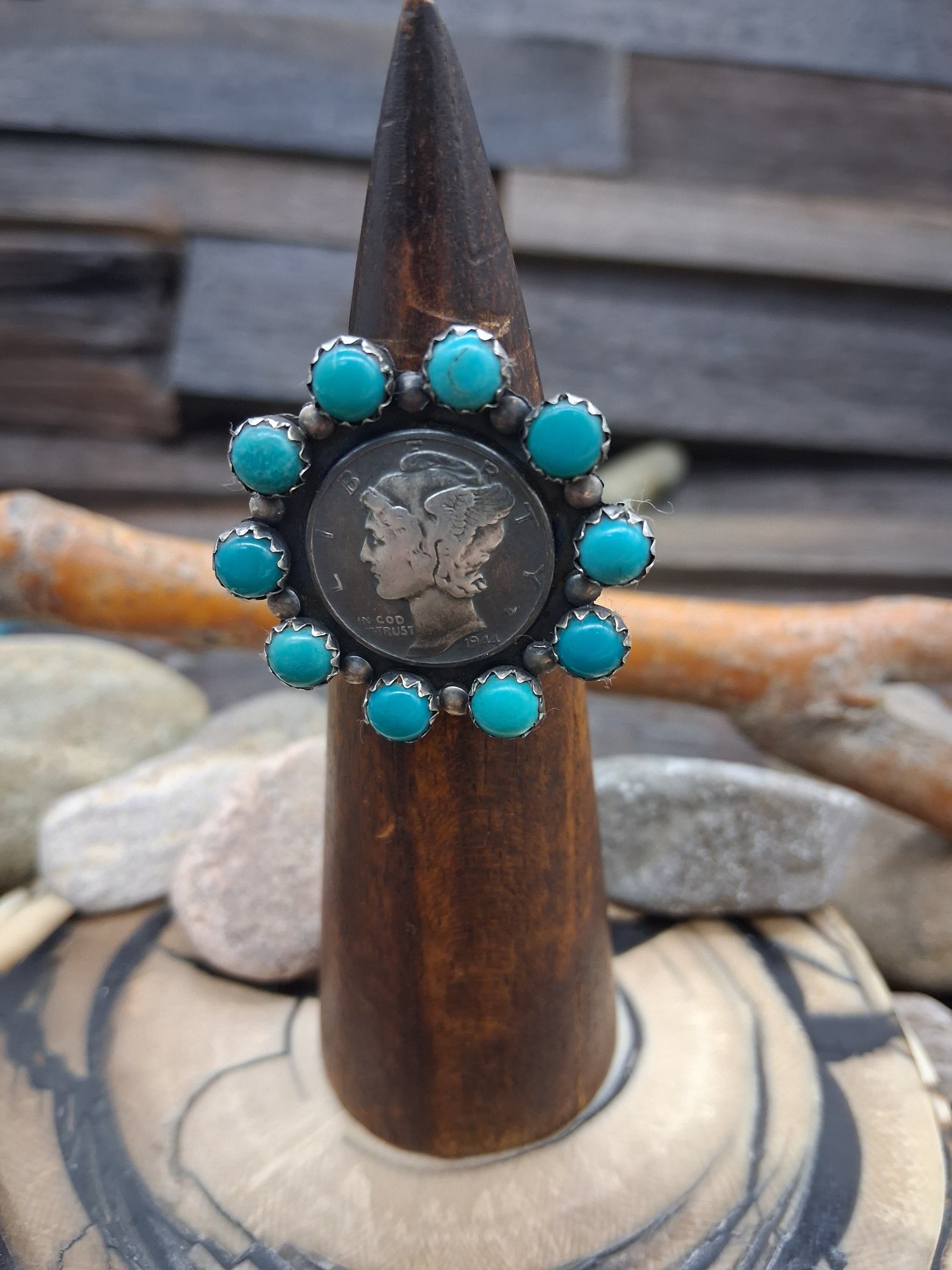 Blue Turquoise Liberty Dime Coin Sterling Silver Ring Size 9.75 by Lawrence Archuleta