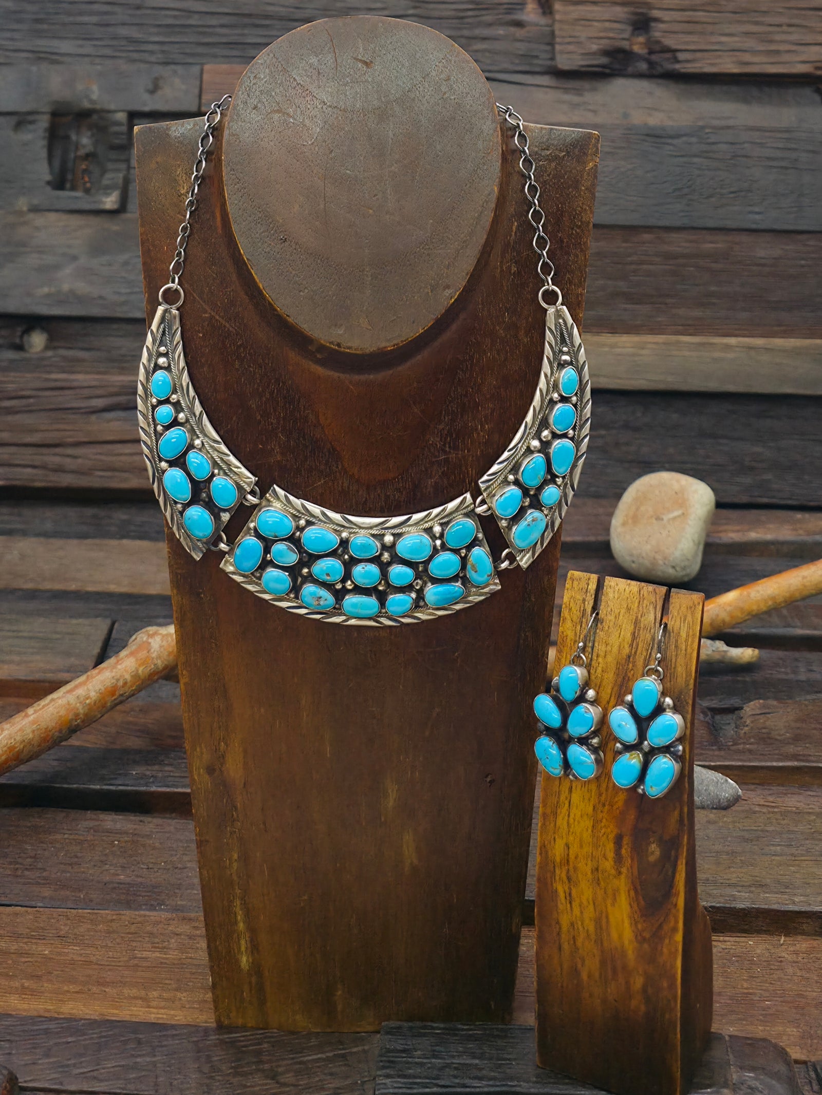 Sterling Silver Turquoise Collar Necklace and Earring Set by Bobby Johnson - 16 in.