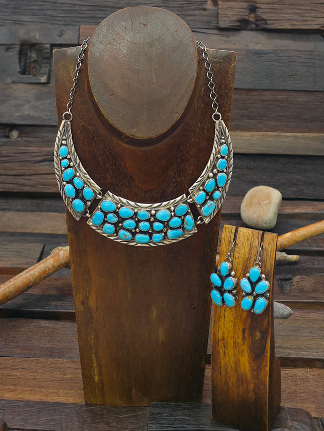 Sterling Silver Turquoise Collar Necklace and Earring Set by Bobby Johnson - 16 in.