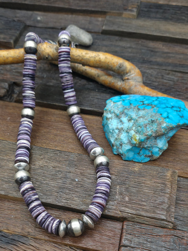 Wampum Shell w/ Oxidized Sterling Silver Bead Necklace by Fred Archuleta - 24 in.