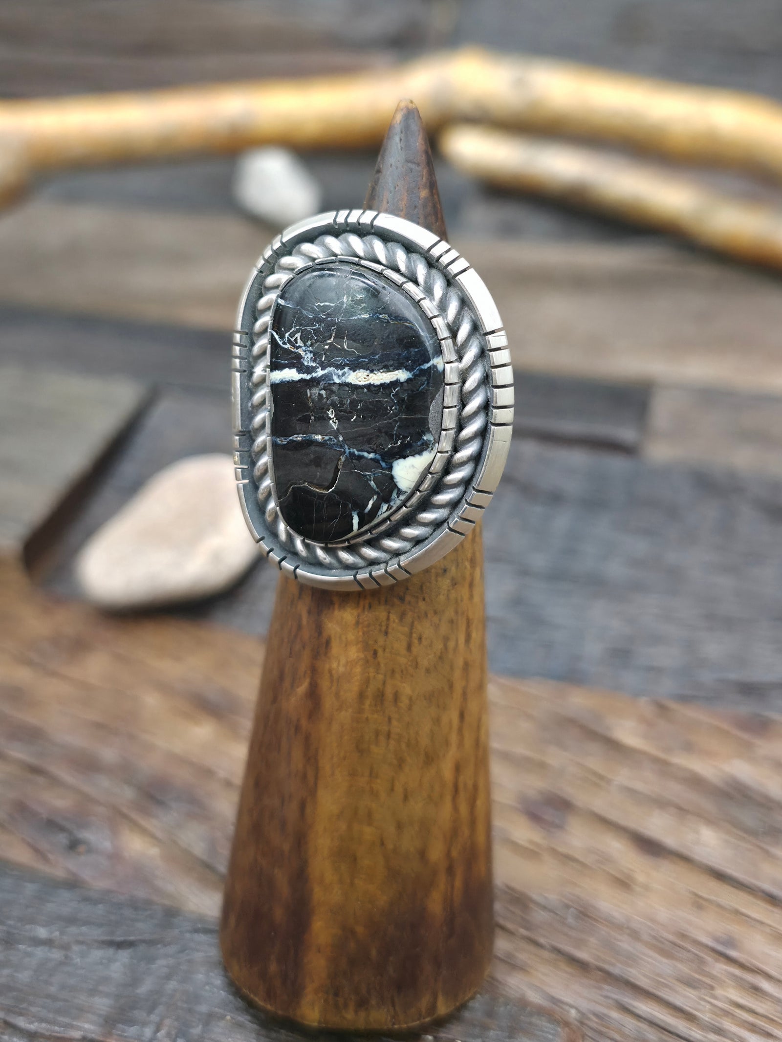 Sterling Silver and Blackjack Turquoise Ring by Walter Vandever - Adjustable