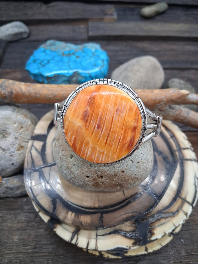 Orange Spiny Round Sterling Silver Bracelet 6in Cuff