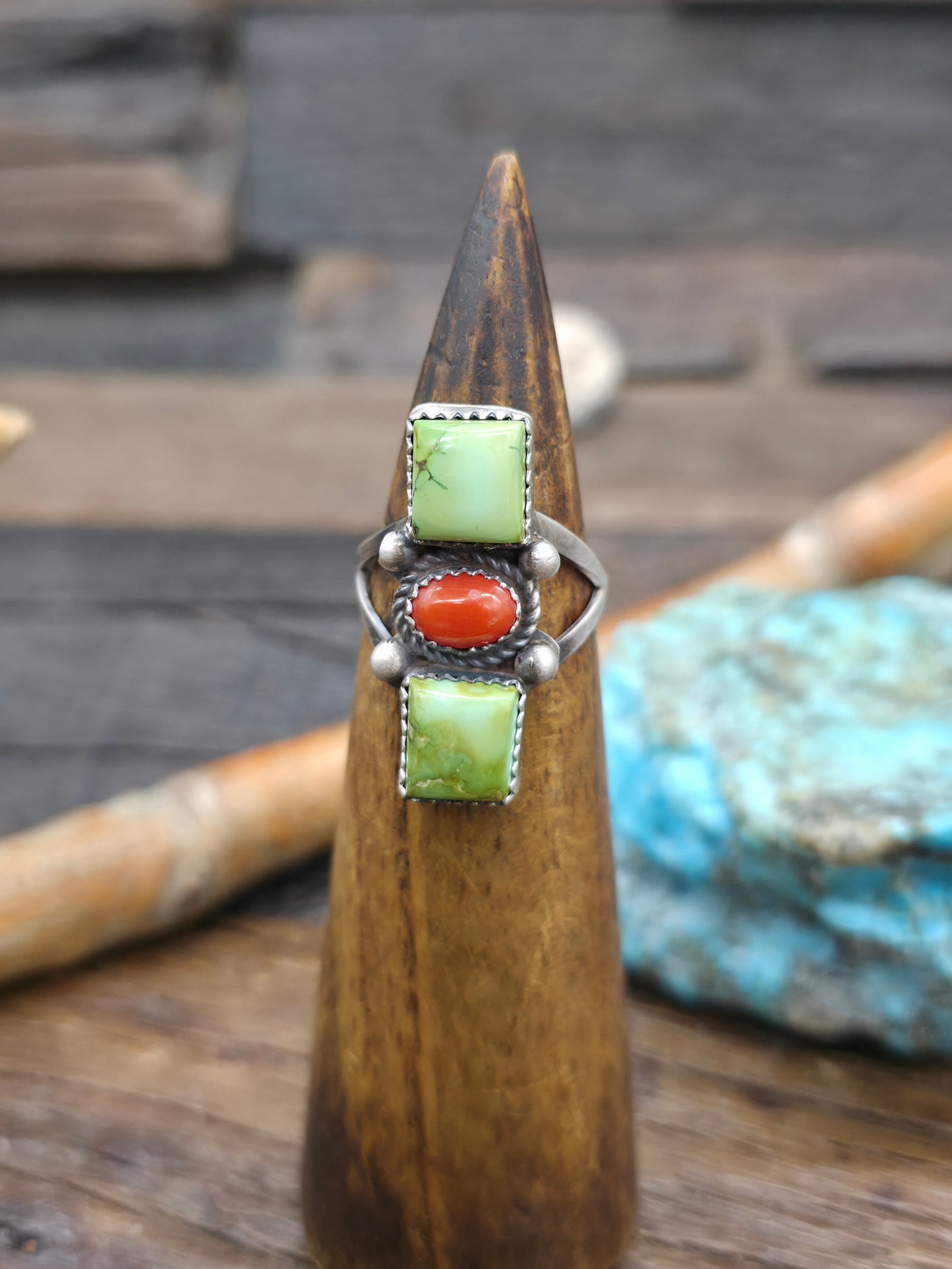 Sterling Silver  Sonoran Turquoise and Coral Ring by L. Ganado - Size 8