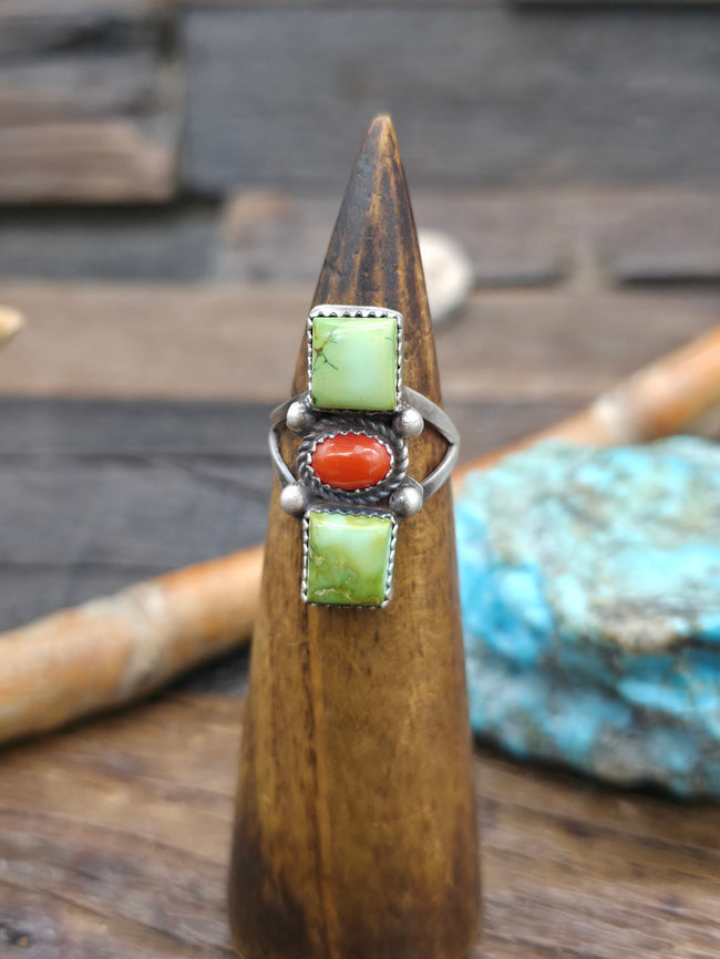 Sterling Silver  Sonoran Turquoise and Coral Ring by L. Ganado - Size 8