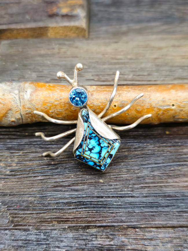 Vintage/Estate Sterling Silver Turquoise Bug Pin