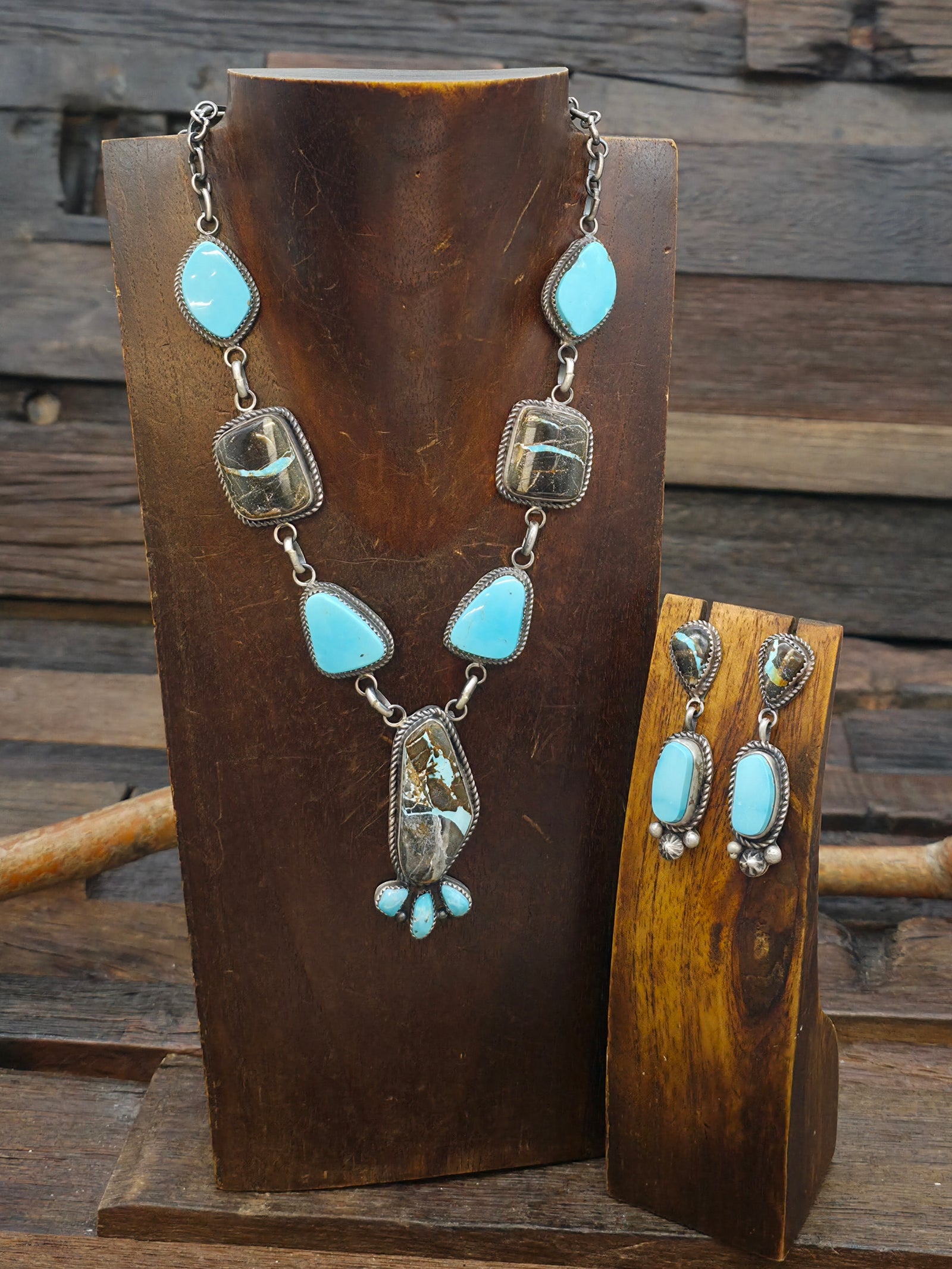 Sterling Silver Candelaria Ribbon Turquoise Lariat Necklace and Earring Set by LaRose Ganadanegro - 18 in.