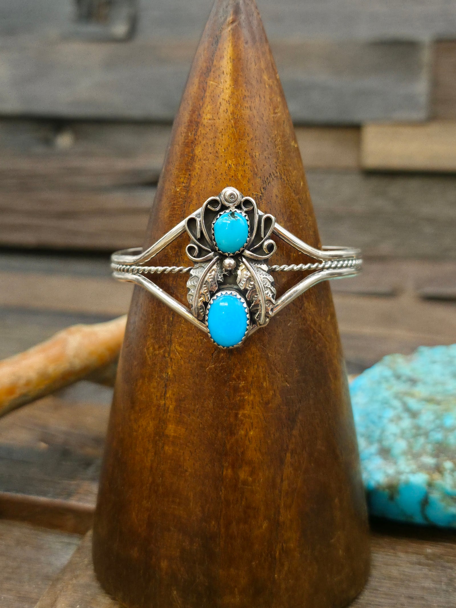Sterling Silver Turquoise Cuff with Filigree and Leaf Applique by Harry Yazzie - 6 1/2 in. with Gap