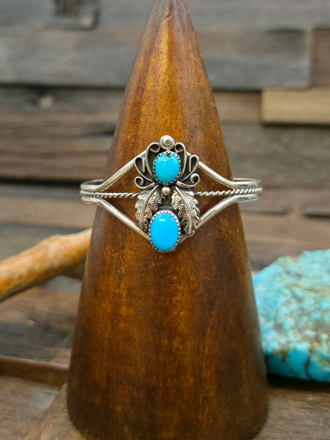 Sterling Silver Turquoise Cuff with Filigree and Leaf Applique by Harry Yazzie - 6 1/2 in. with Gap
