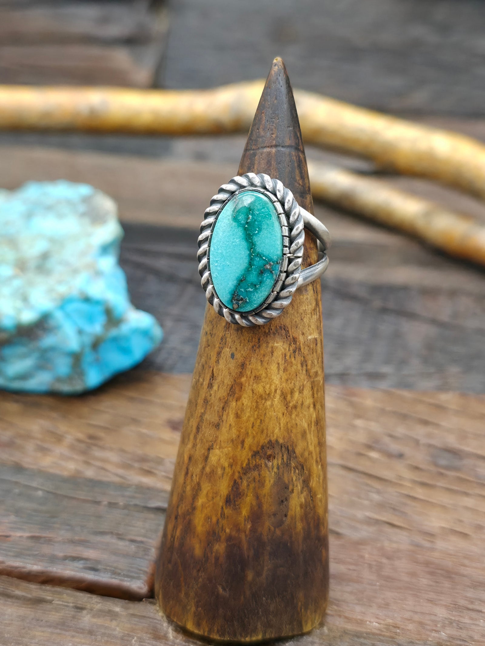 Sterling Silver Turquoise Oval Ring with Rope Detail by Walter Vandever - Size 8